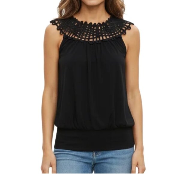 Perception Concept Blouse Sleeveless Satin Ribbon Trim Neckline Womens Stretch L - Picture 1 of 6